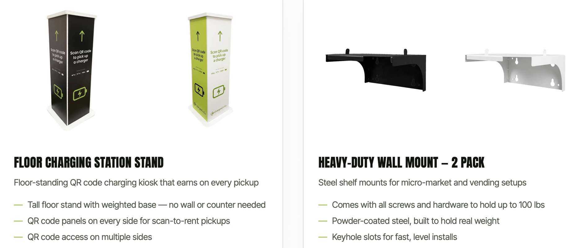 Passive Empire Supply Store showing a floor charging station stand and heavy-duty wall mounts
